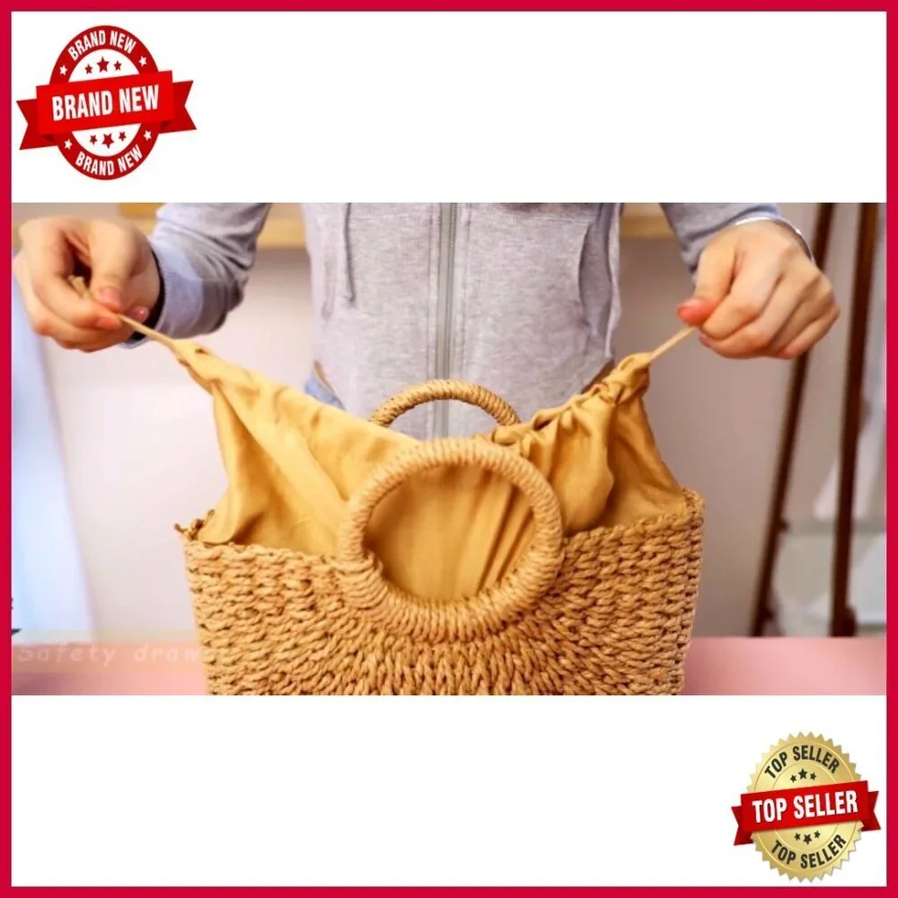 Large Straw Tote Bag with Drawstring Closure, Rattan Woven Handbag for Beach